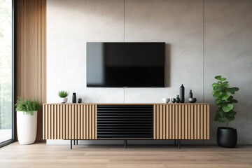 Television put on tv stand wood table, in minimal empty space luxury room background AI Generative	
