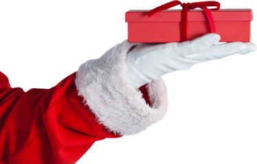 Santa claus holding a gift box in hand