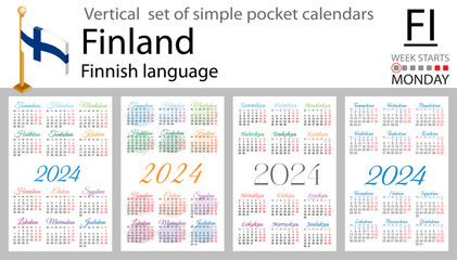 Finnish vertical set of pocket calendar for 2024. Week starts Monday