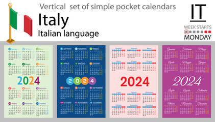 Italian vertical set of pocket calendar for 2024. Week starts Monday