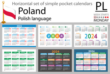 Polish horizontal set of pocket calendar for 2024. Week starts Monday