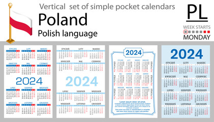 Polish vertical set of pocket calendar for 2024. Week starts Monday