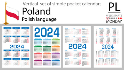 Polish vertical set of pocket calendar for 2024. Week starts Monday