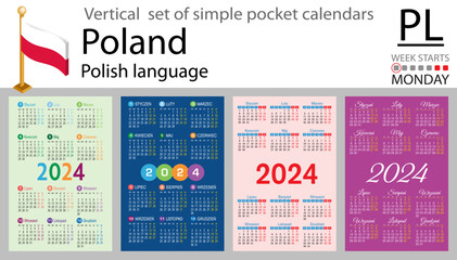 Polish vertical set of pocket calendar for 2024. Week starts Monday