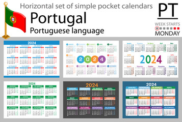 Portuguese horizontal set of pocket calendar for 2024. Week starts Monday