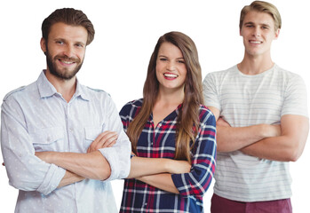 Happy business people with arms crossed standing against white background