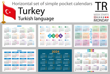 Turkish horizontal set of pocket calendar for 2024. Week starts Monday