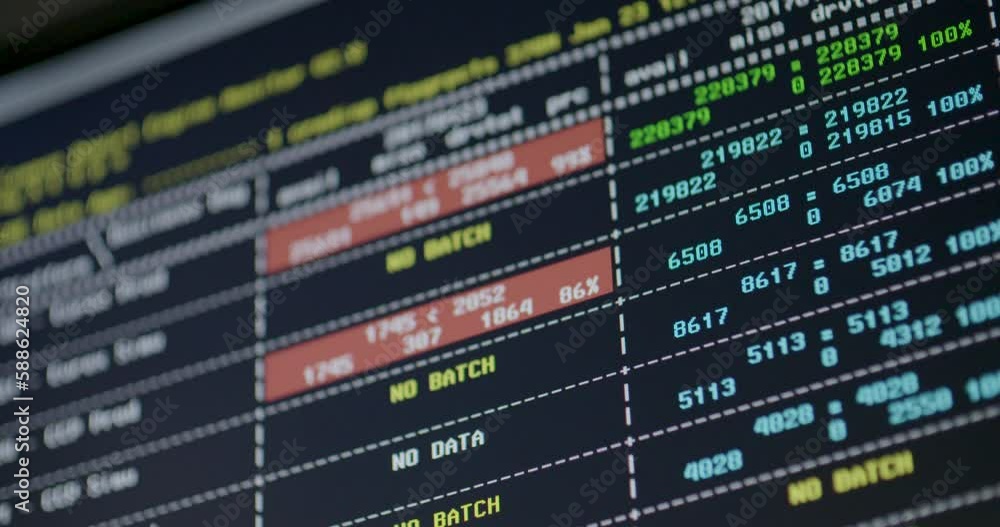 Poster computer screen shows all kinds of data and numbers, no batch, pan left