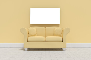3d illustration of yellow sofa with cushions on floor