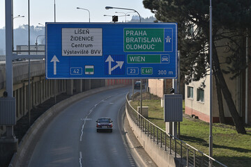Signpost above the city highway in Brno, Czech Republic