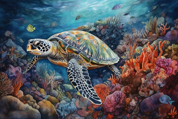 Obraz premium Watercolour painting of a sea turtle swimming through a coral reef - Generative AI 