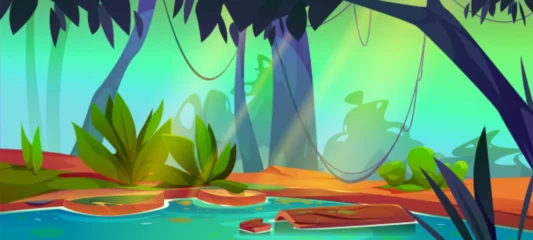 Zelfklevend Fotobehang Swamp in jungle forest cartoon vector game background. Tropical scene with green water lake environment illustration. Fantasy bog with tree and liana, sunny summer day. Sunny amazon rainforest © klyaksun