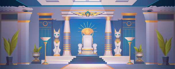 Antique Egyptian throne room interior. Vector illustration of ancient palace with pharaoh chair, cat statues, pillars decorated with golden scarab, palm leaves in vases. Adventure game background