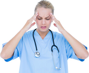 Upset female surgeon suffering from headache