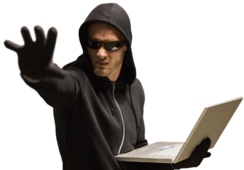 Hacker with laptop gesturing
