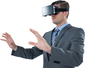 Businessman gesturing while using virtual reality headset