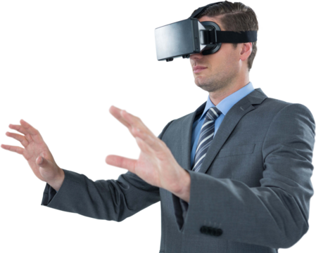 Businessman gesturing while using virtual reality headset