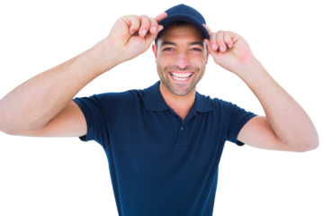 Smiling delivery man wearing cap on white background
