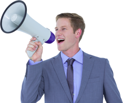 Happy businessman holding megaphone