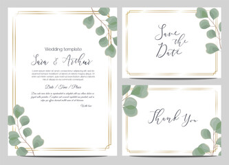 Vector template for wedding invitations. Eucalyptus leaves. Invitation card with gold frame, thank you
