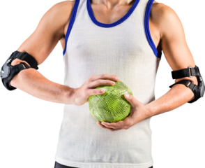 Mid section of athlete man holding ball 