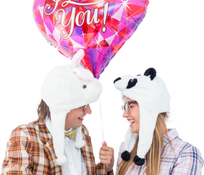 Geeky hipster in love couple looking at each other