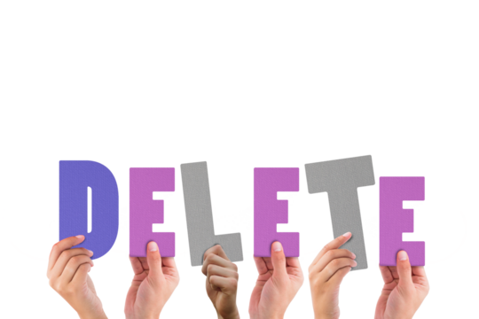 Colorful alphabet spelling delete held up by people  - Powered by Adobe