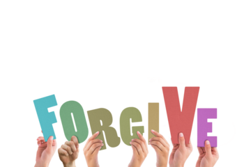 Cropped hands holding colorful word forgive 