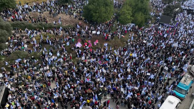 Thousands of protesters in front of israel parliament,Jerusalem, aerial view Jerusalem near the Supreme Court and the Knesset, 2023