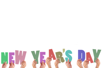 Colorful alphabet spelling new years day held up by people 