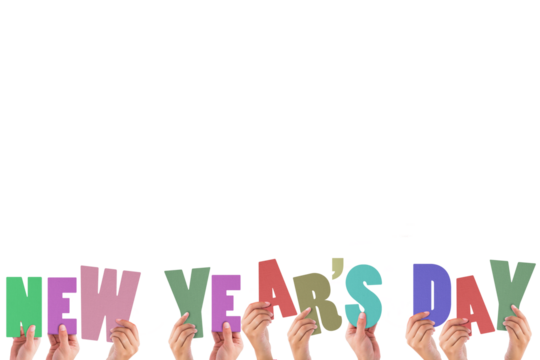 Colorful alphabet spelling new years day held up by people 