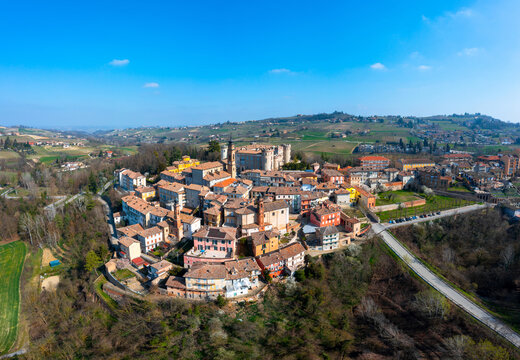 view of the picturesque village of Costigliole d'Asti in the Piedmont wine region of Italy