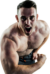 Handsome bodybuilder flexing and shouting