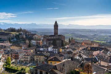 rooftops and church in the Italian Piedmont village of Montforte d'Alba