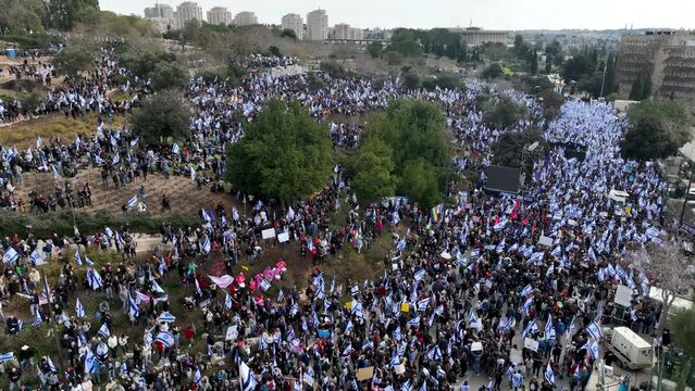Thousands of protesters in front of israel parliament,Jerusalem, aerial view Jerusalem near the Supreme Court and the Knesset, 2023