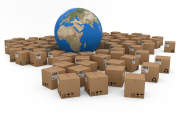 3D image of globe amidst cardboard boxes