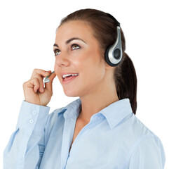 Call center agent looking upwards while talking