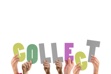 Colorful alphabet spelling collect held up by people 