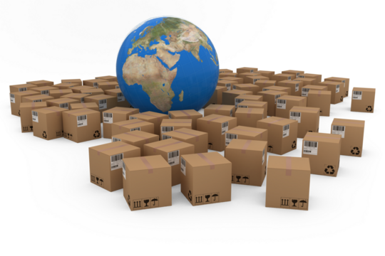 3D image of globe amidst cardboard boxes