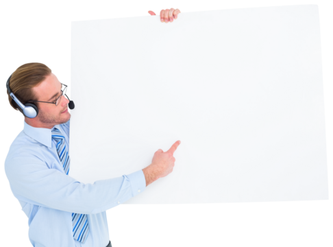 Businessman presenting card wearing headset - Powered by Adobe