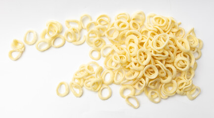 Chips from onion rings on a white background.