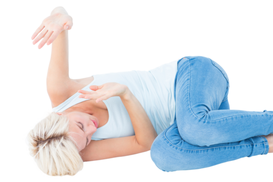 Scared woman protecting herself 