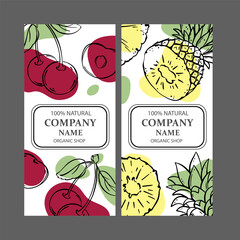 CHERRY AND PINEAPPLE Label Templates Design Of Stickers For Shop Of Tropical Organic Natural Fresh Juicy Fruits And Dessert Drinks In Vintage Vector Collection