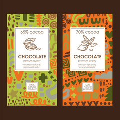 CHOCOLATE BRIGHT ABSTRACT PACK Colorful Organic Templates Background Design In African Style And Vintage Labels With Hand Drawn Cocoa Beans Vector Collection