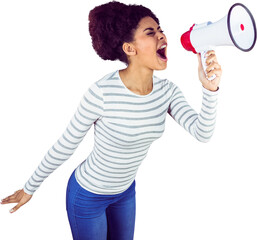 Carefree young woman yelling with megaphone 