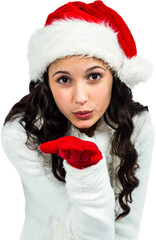 Woman with red gloves blowing kiss
