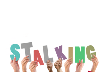 Colorful alphabet spelling stalking held up by people 