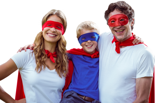 Portrait of cheerful family disguise as superhero together