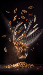 Barley Seeds Creatively Falling-Dripping Flying or Splashing on Dark Background Generative AI