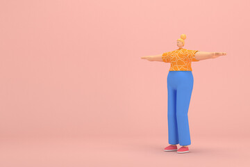 The woman with golden hair tied in a bun wearing blue corduroy pants and Orange T-shirt with white stripes.  She is standing. 3d rendering of cartoon character in acting.